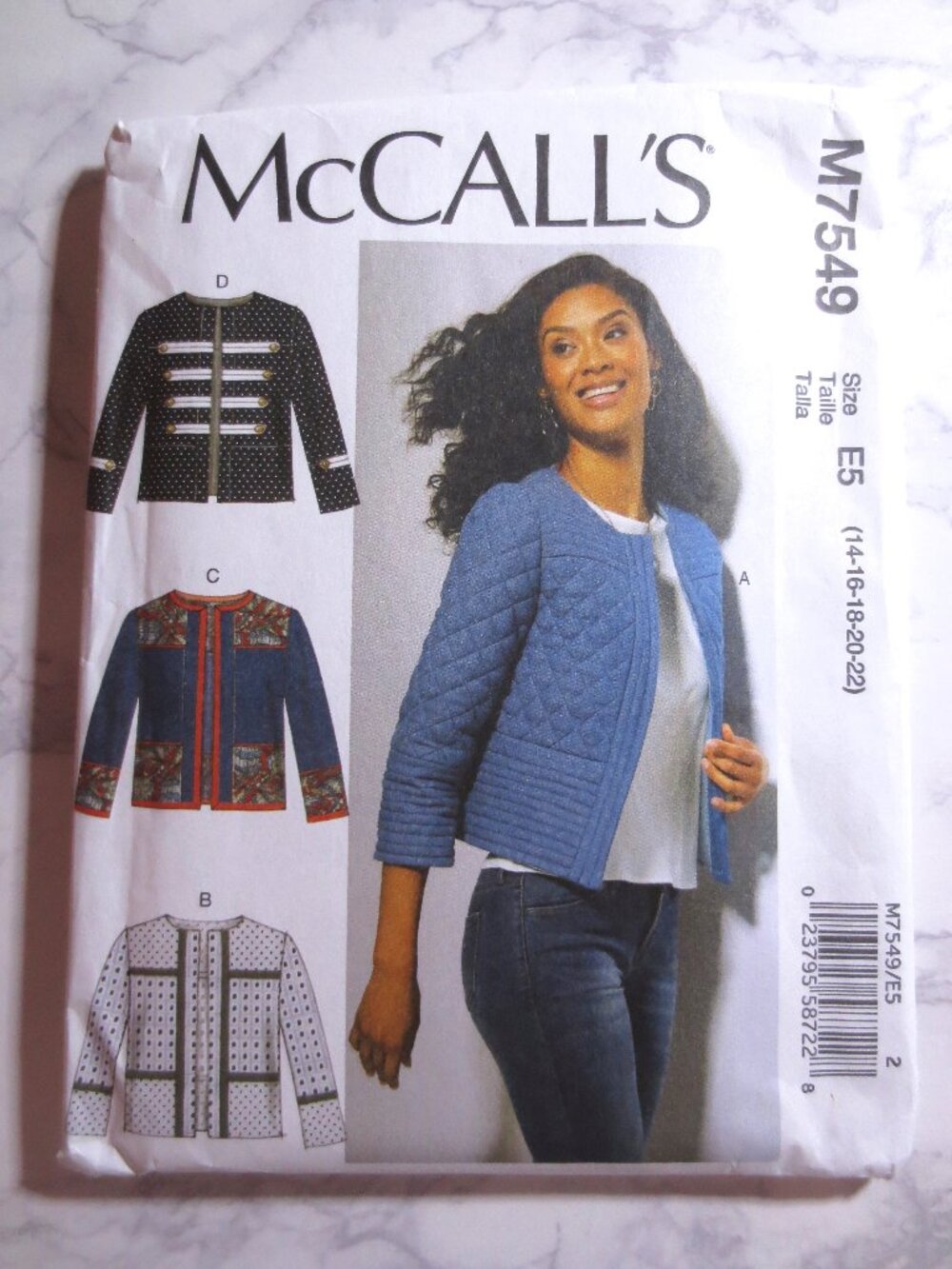 McCalls M 7549 Cropped Jacket Sewing Pattern with Quilted Option 14 16 18 20 22